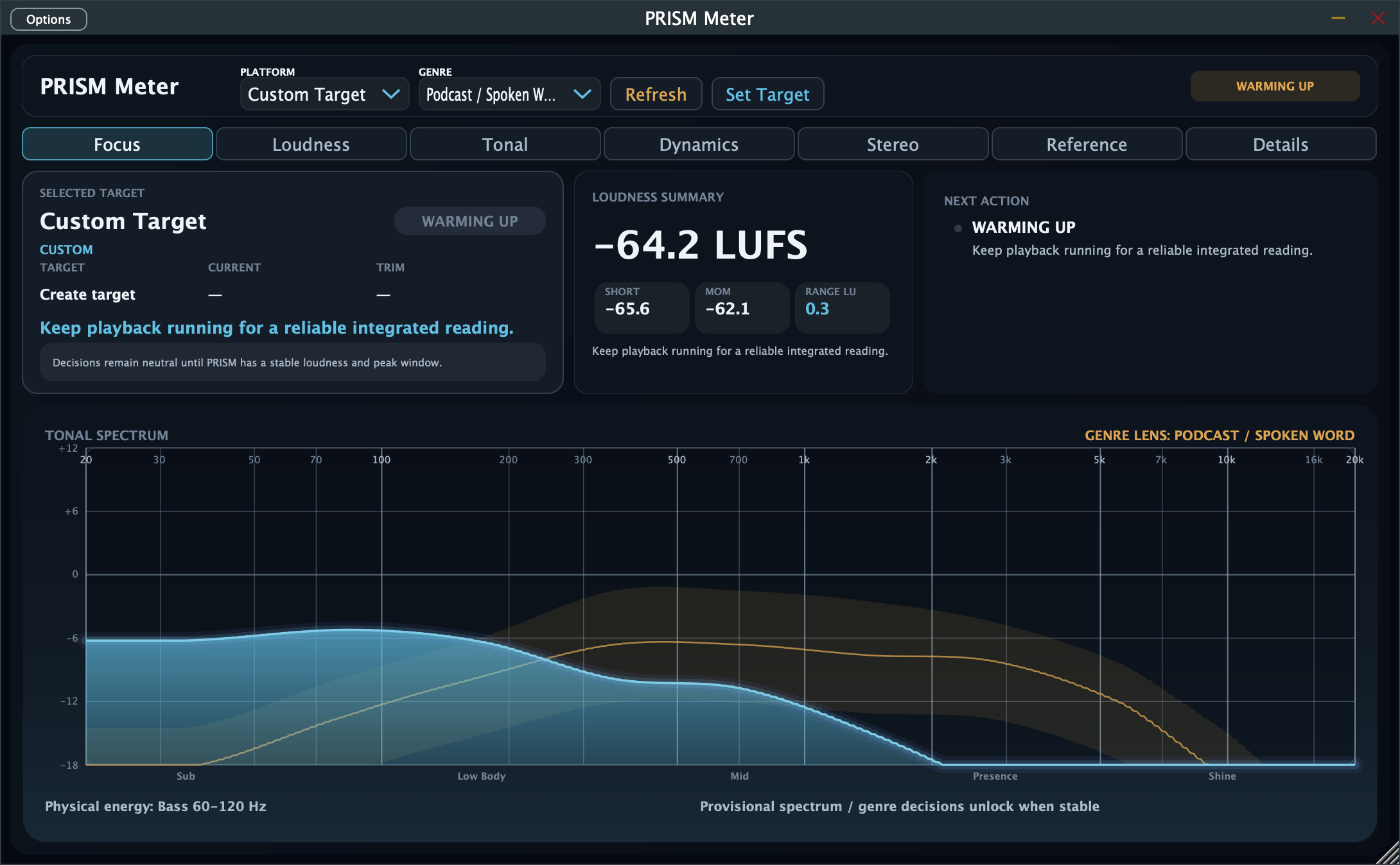 PRISM Meter focus and tonal analysis interface